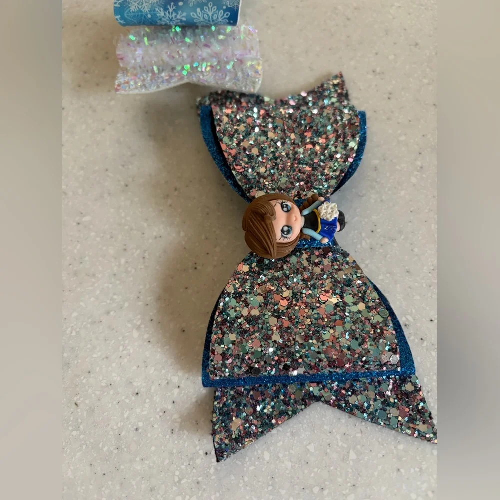 Disney Frozen Anna Inspired Blue Snowflake & Glitter Bow Hair Clip Set. Sparkly!